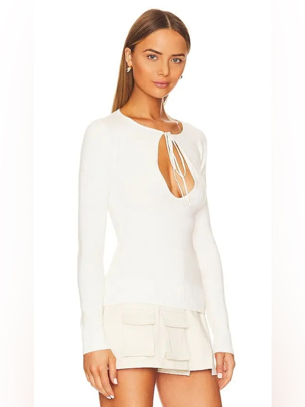Long-Sleeve Tie-Front Cutout Top in White